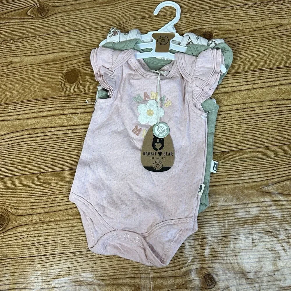 RABBIT+BEAR  Organic Cotton 6-9M Green Floral Pink One Piece Body Suit‎